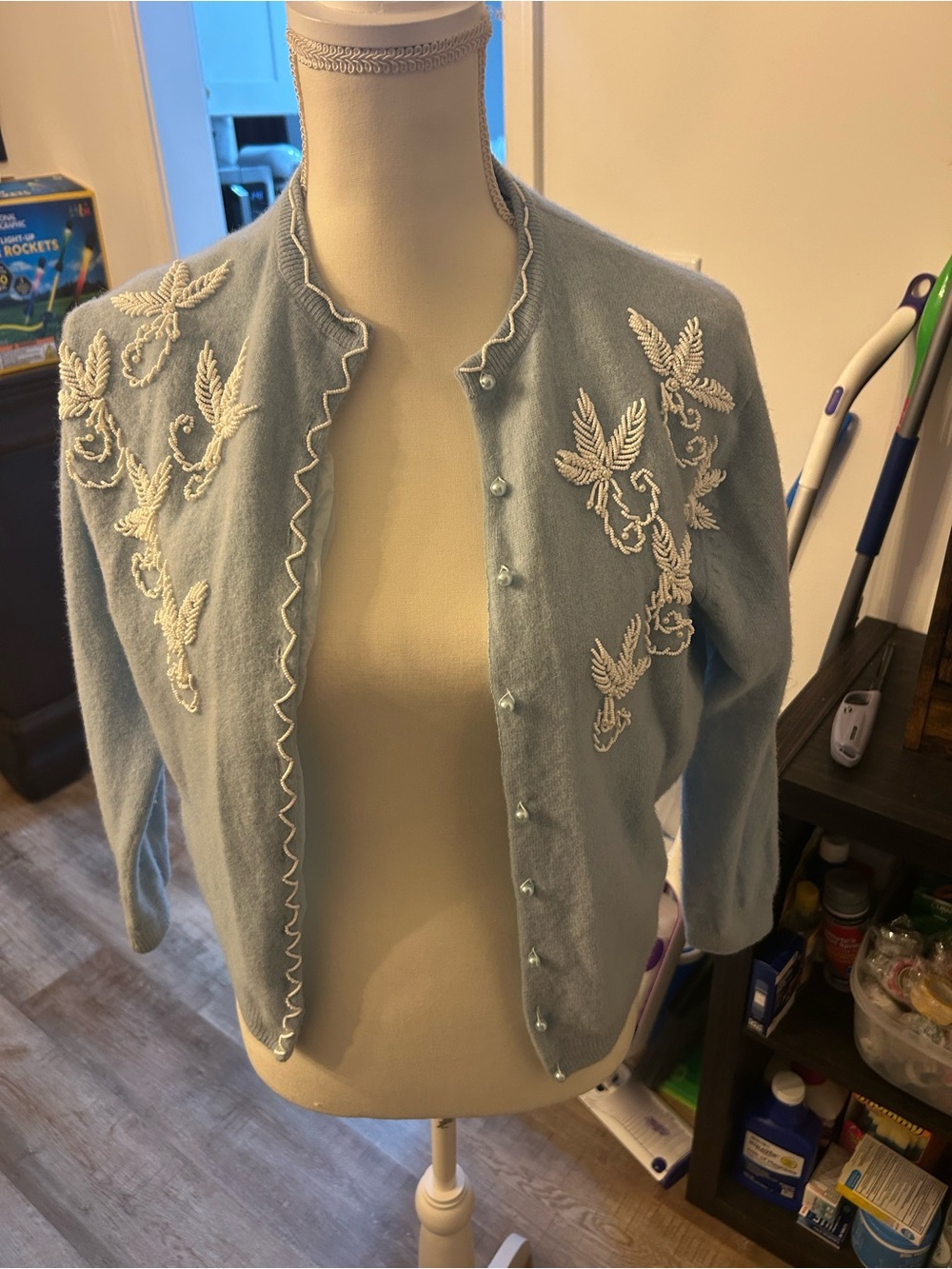 Vintage hand beaded acquired in hong kong Light Blue Embroidered sweater